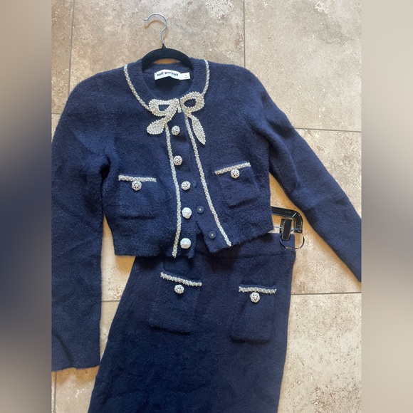SELF-PORTRAIT Navy Embellished cropped cardigan & matching skirt SZ M $730 - Picture 10 of 11